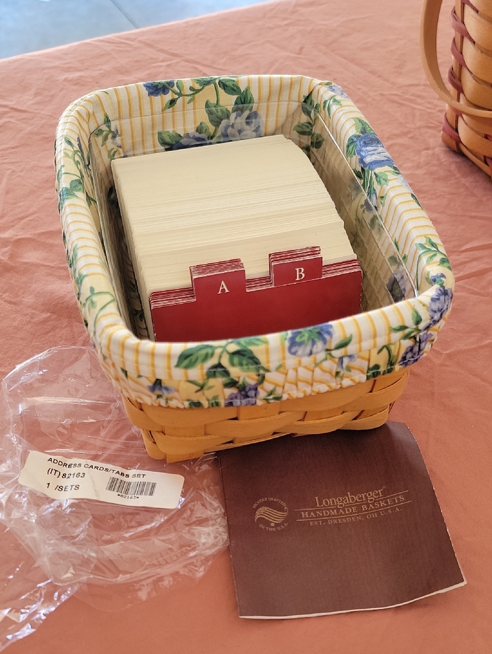 Longaberger Yellow Floral Lined Woven Address Card Basket
